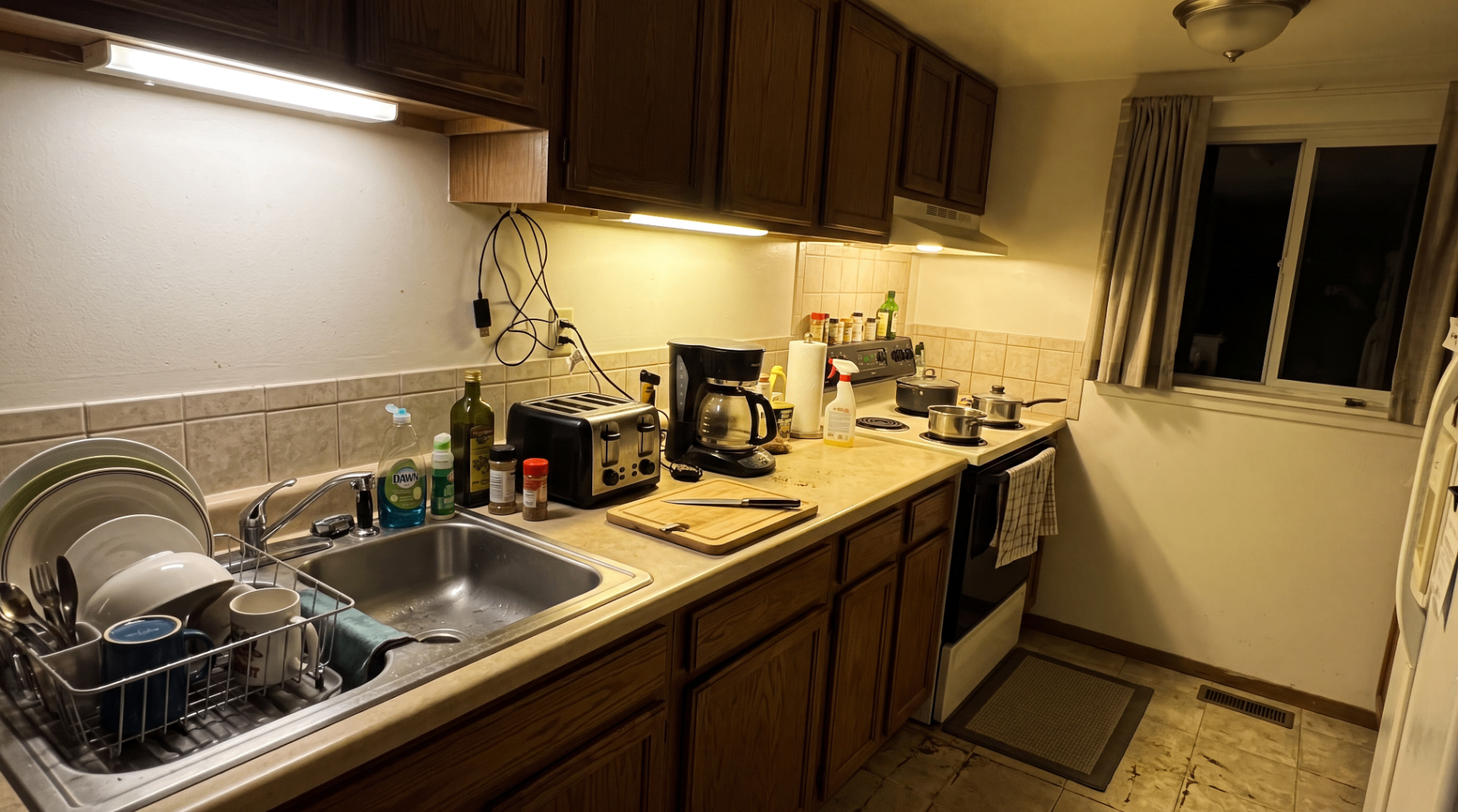 Photo immobilière améliorée par IA — avant/après Vizora : Cuisine