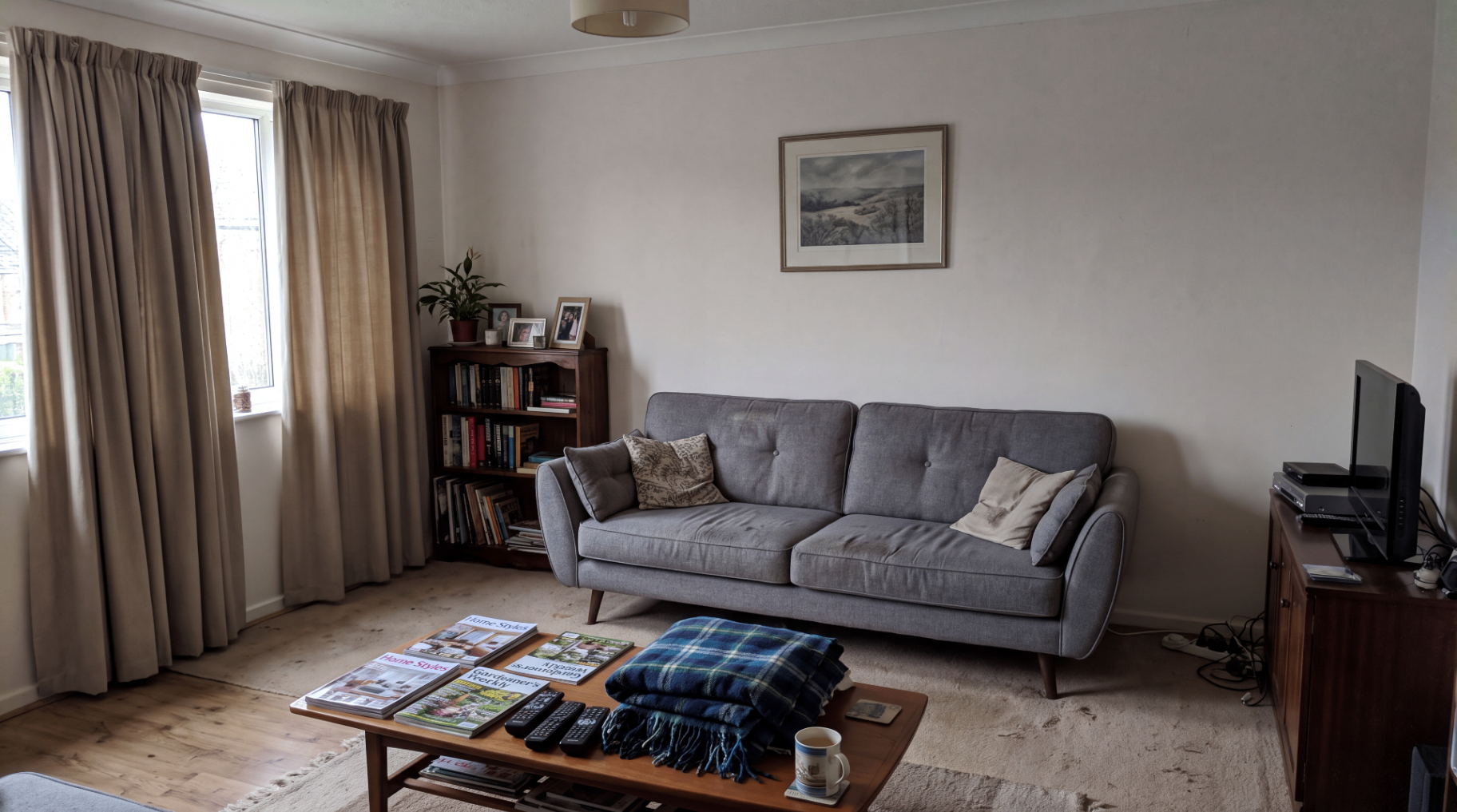 Photo immobilière améliorée par IA — avant/après Vizora : Salon